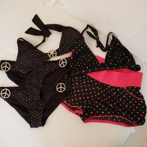 5 Piece Bikini Juniors Medium Multi Colored Polka Dots Black Bottoms Tops Shorts
